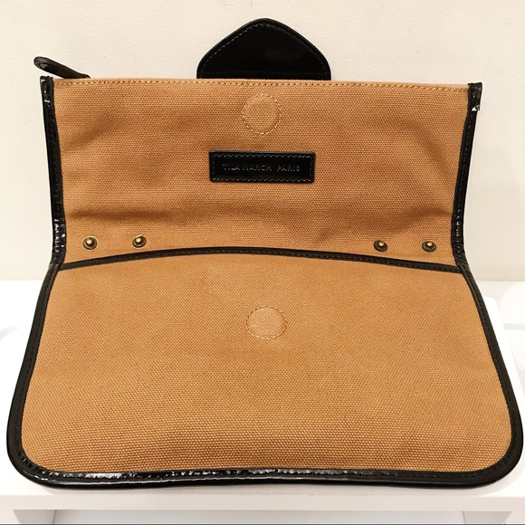 Tila March Paris Zelig Brown Canvas Black Patent Leather Shoulder Clutch Bag - Picture 8 of 12